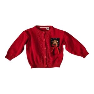 Vintage Red Knit Teddy Bear Cardigan Sweater Toddler 2T Retro With Bows